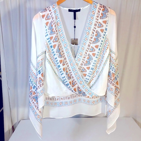 BCBGMaxAzria Tops - NWT $228 Sheer Silk BCBGMaxAzria Boho Bell Sleeve Batik Design Top Ikat